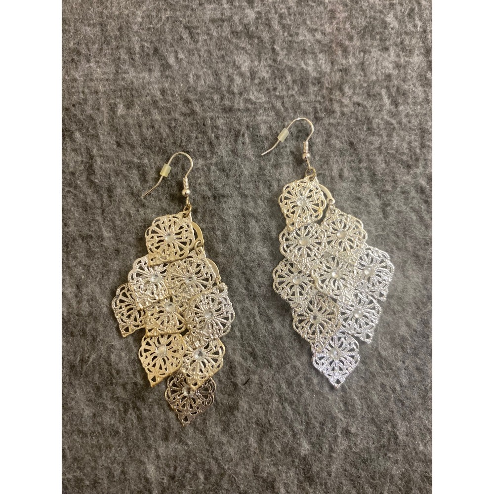 Two Tone Filigree Chandelier Earrings Silver Gold Floral Tiered Statement Dangle